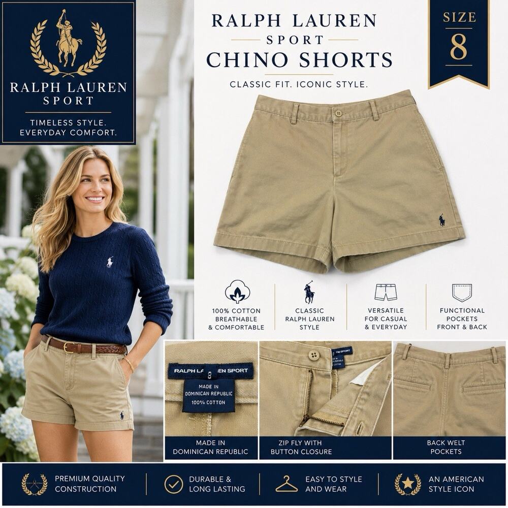 Ralph Lauren Sport Shorts Women’s 8 Khaki Chino Cotton Pony Logo Casual